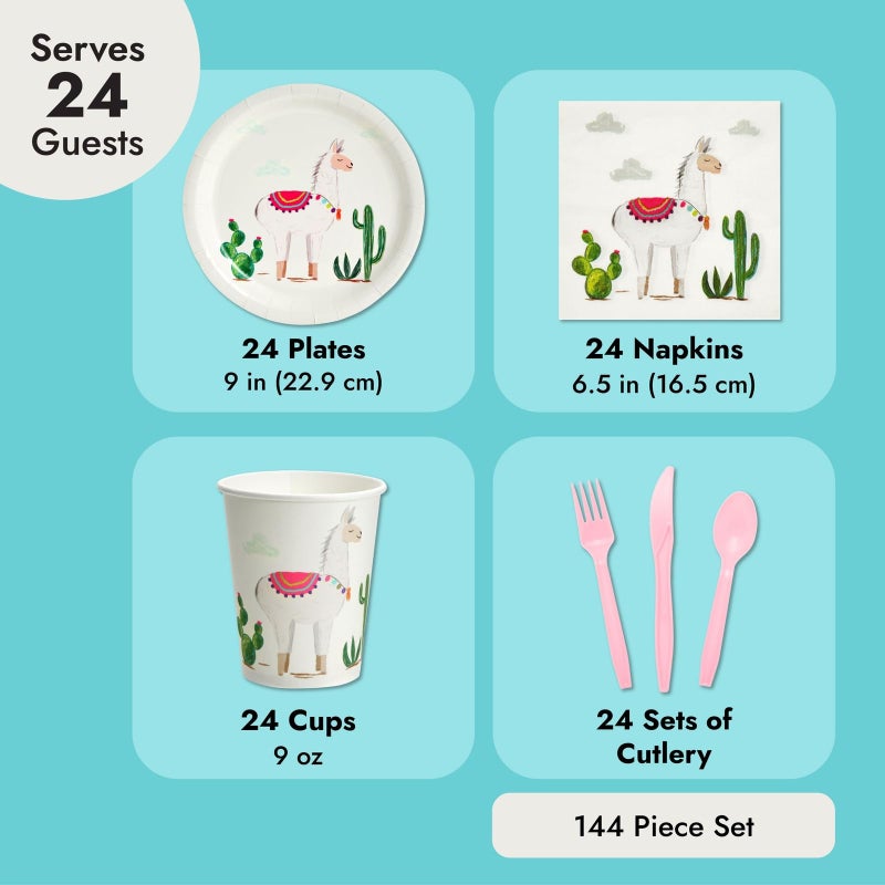 BLUE PANDA Llama & Cactus Paper Party Supply Set - Easy Cleanup Dishware - Vibrant Cactus Llama Decorations - Fiesta Baby Shower Plates & Alpaca Birthday Party Place Settings - 144pc, Serves 24 - Image 3